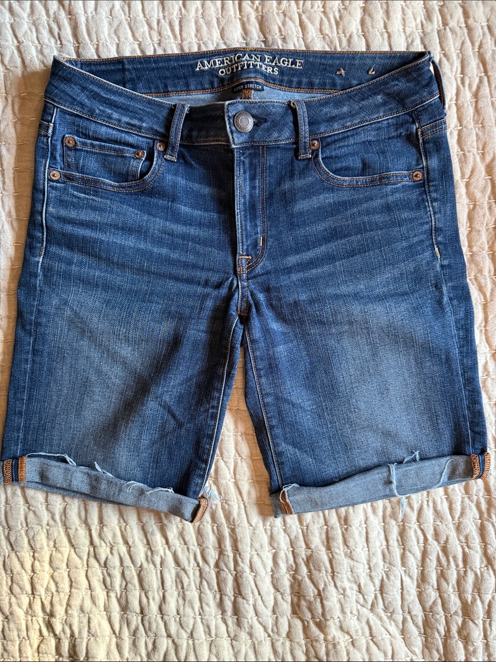 American Eagle Outfitters Indigo Blue Rolled-Hem Denim Bermuda Shorts